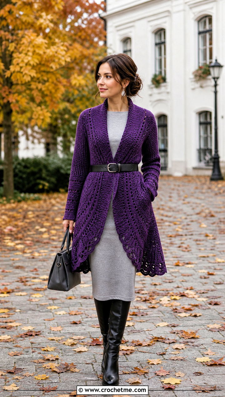 Belted Circle Cardigan With Midi Dress - 30 crochet circle cardigan outfit ideas