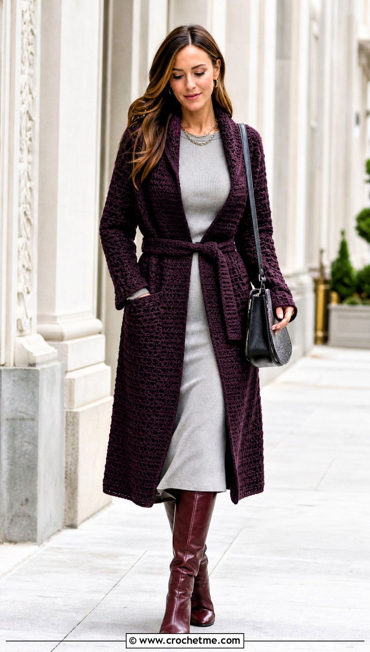 Belted Coatigan Crochet Cardigan With Knit Dress - 30 crochet women's cardigan outfit ideas