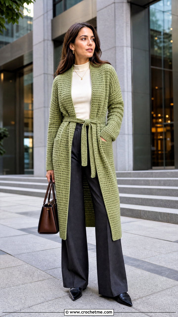Belted Coatigan Crochet Fall Cardigan With Wide Leg Trousers - 35 crochet fall cardigan outfit ideas