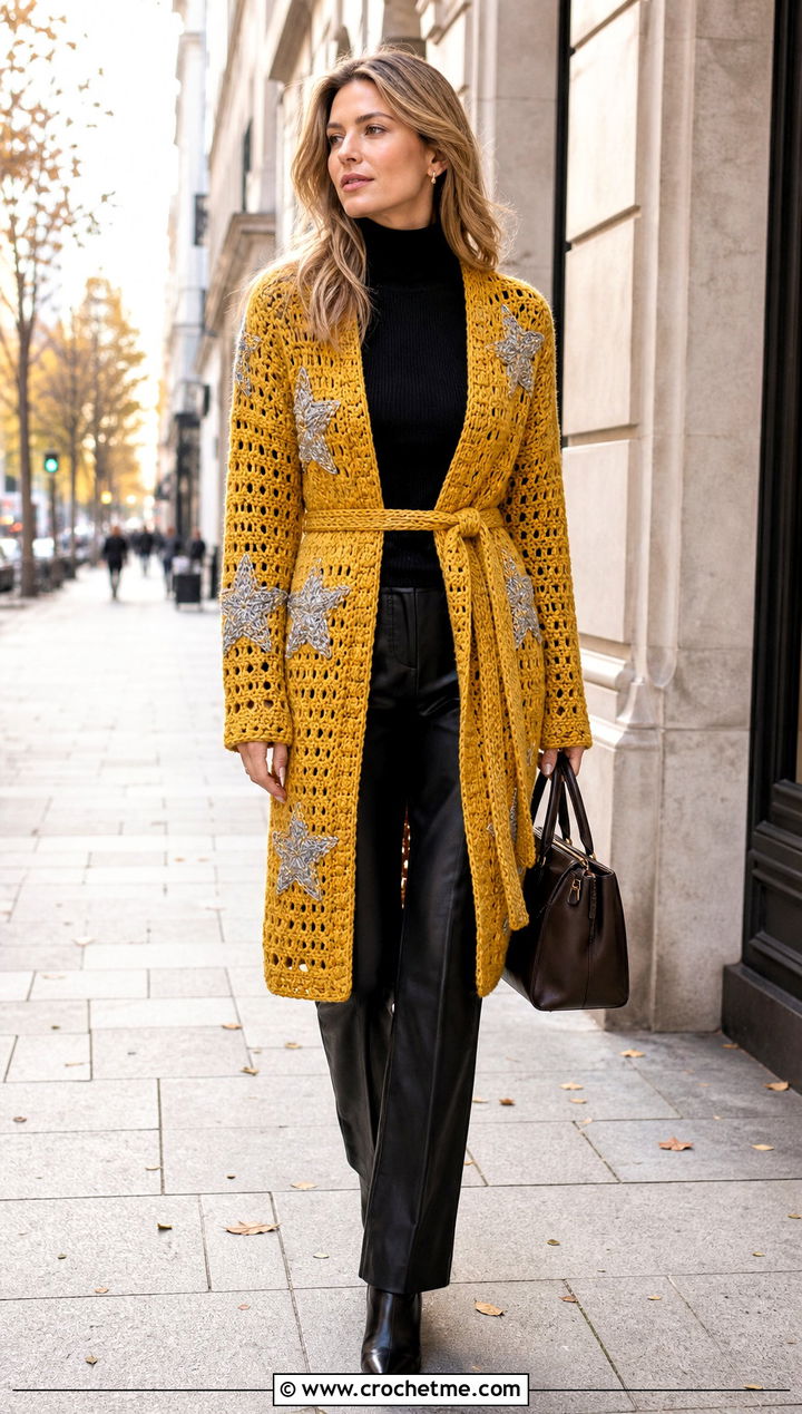 Belted Coatigan Folklore Crochet Cardigan With Leather Pants - 25 Taylor Swift Folklore Crochet Cardigan outfit ideas