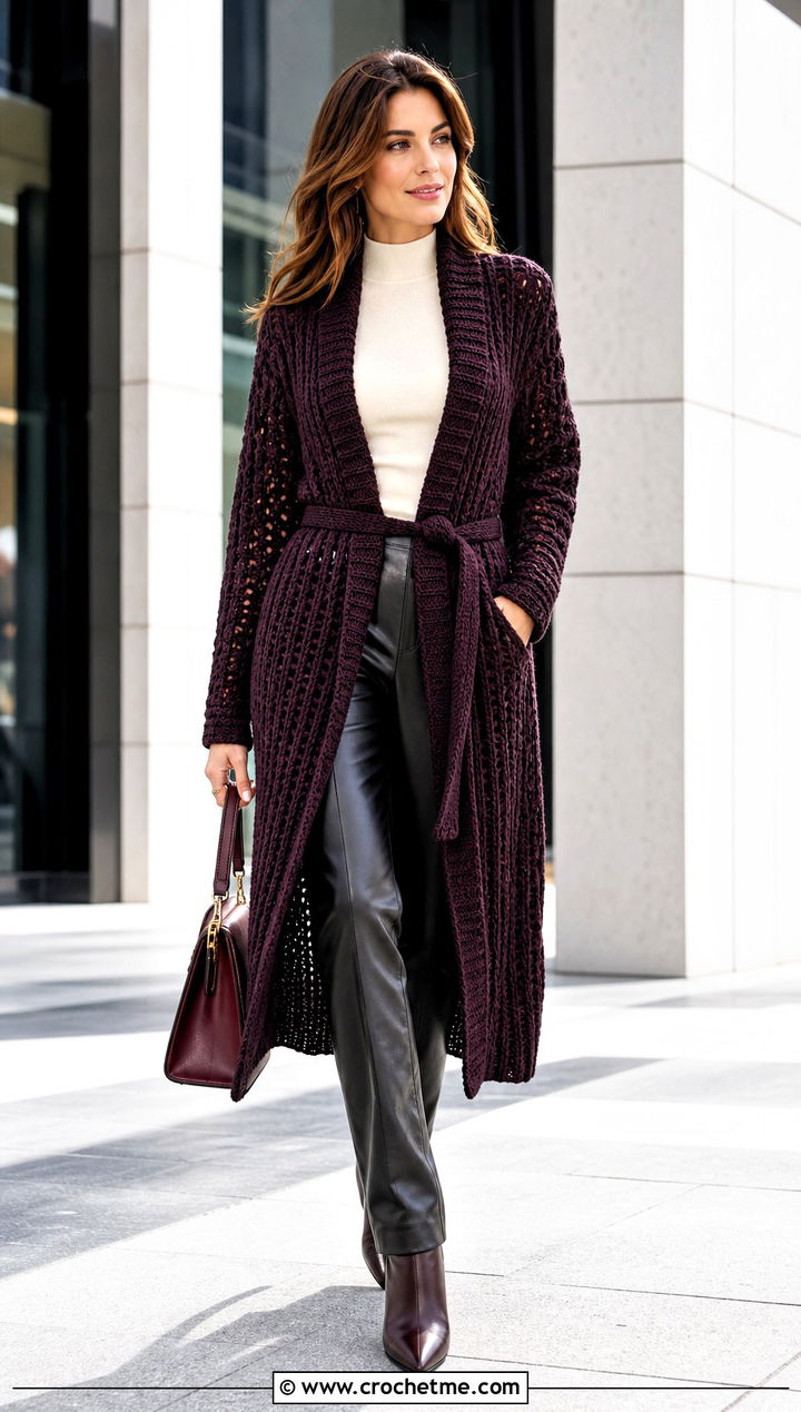 Belted Coatigan Knit Look Crochet Cardigan With Leather Pants - 25 Knit Look Crochet Cardigan outfit ideas