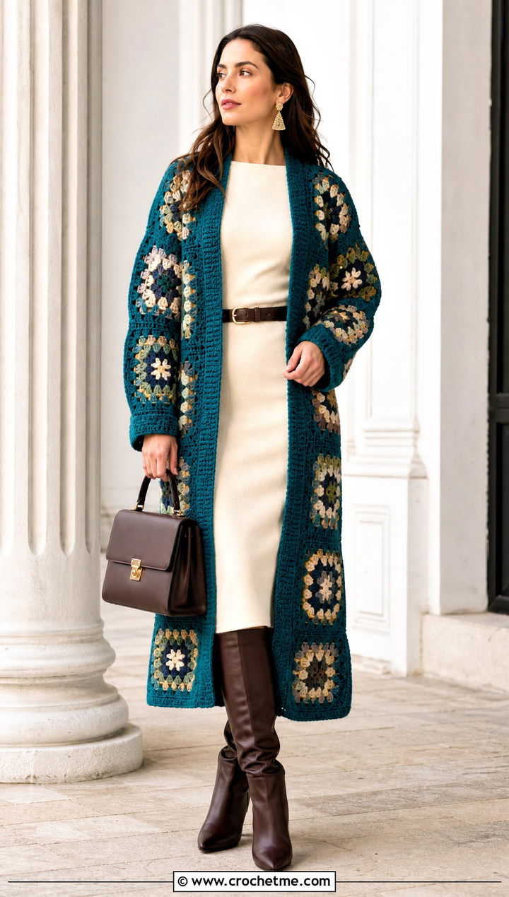 Belted Continuous Granny Square Cardigan With A Column Dress - 25 continuous granny square cardigan outfit ideas