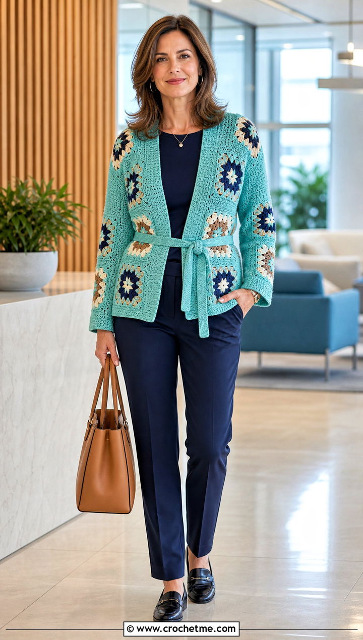 Belted Cotton Granny Square Cardigan With Straight Leg Pants - 25 cotton granny square cardigan outfit ideas