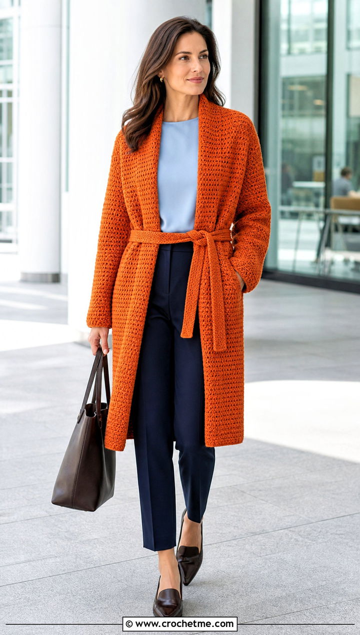 Belted Couch Crochet Coatigan With Tailored Trousers - 15 Couch Crochet Cardigan outfit ideas