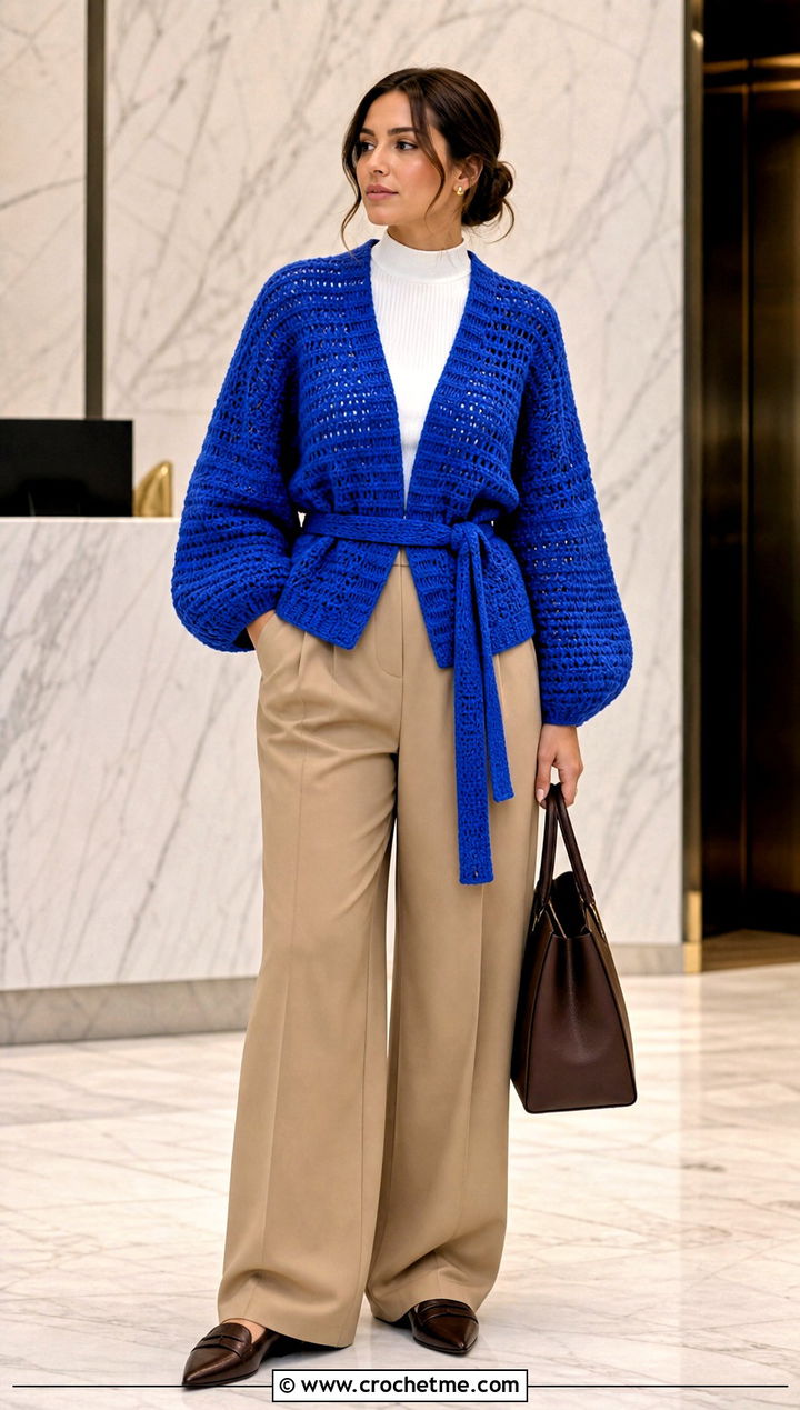 Belted Crochet Balloon Sleeve Cardigan With Pleated Trousers - 30 crochet balloon sleeve cardigan outfit ideas