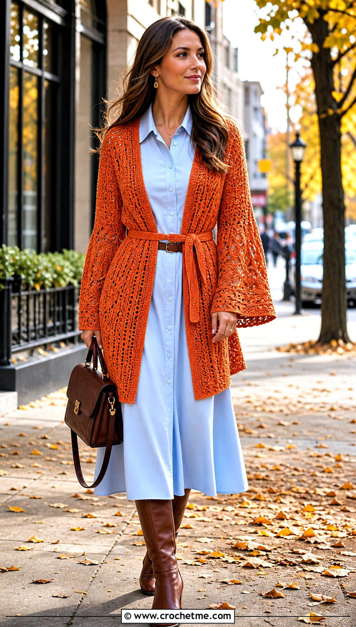 Belted Crochet Bell Sleeve Cardigan With Shirt Dress - 30 crochet bell sleeve cardigan outfit ideas