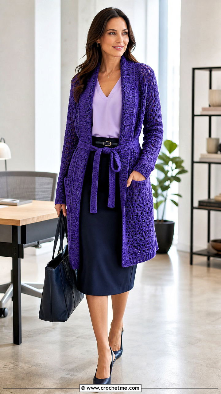 Belted Crochet Blanket Cardigan With Pencil Skirt - 35 crochet blanket cardigan outfit ideas