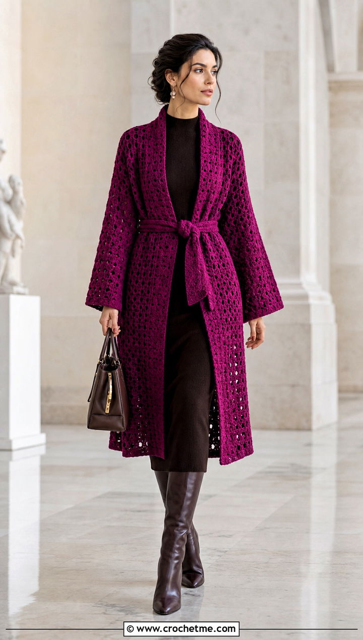 Belted Crochet Blanket Jacket With Knit Midi Dress - 25 crochet blanket jacket outfit ideas