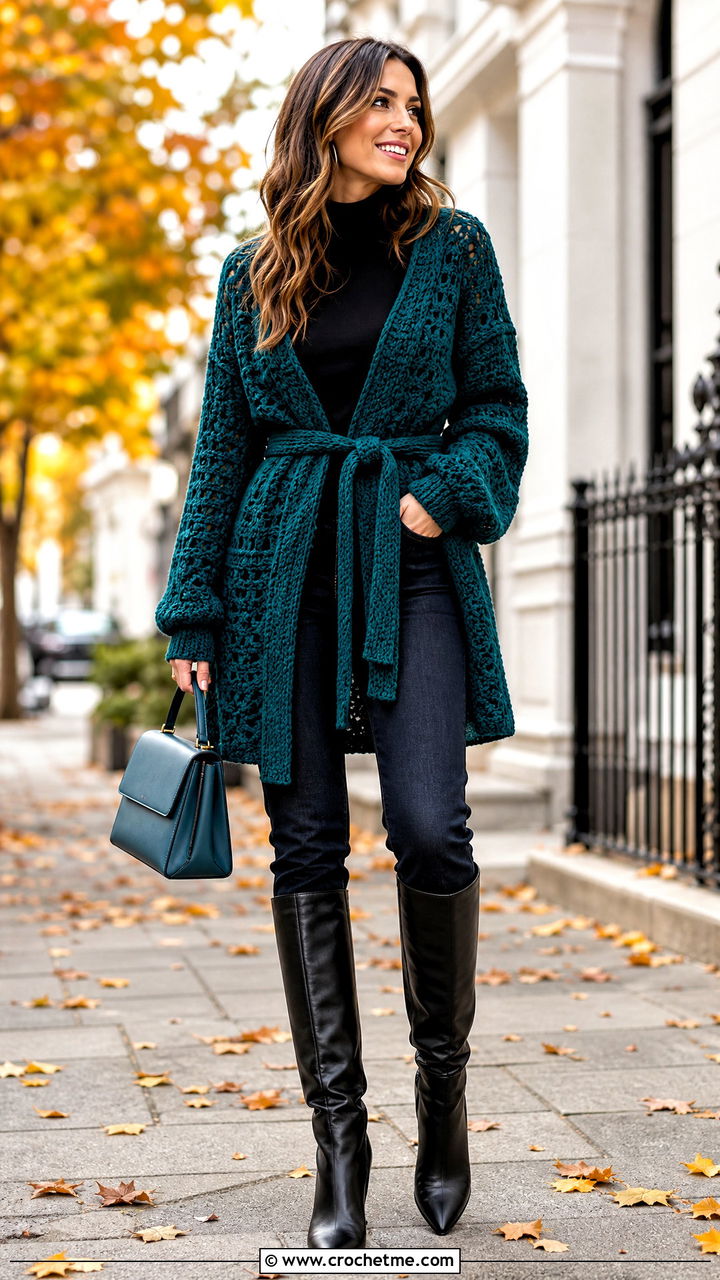 Belted Crochet Boho Cardigan With Slim Jeans - 35 crochet boho cardigan outfit ideas