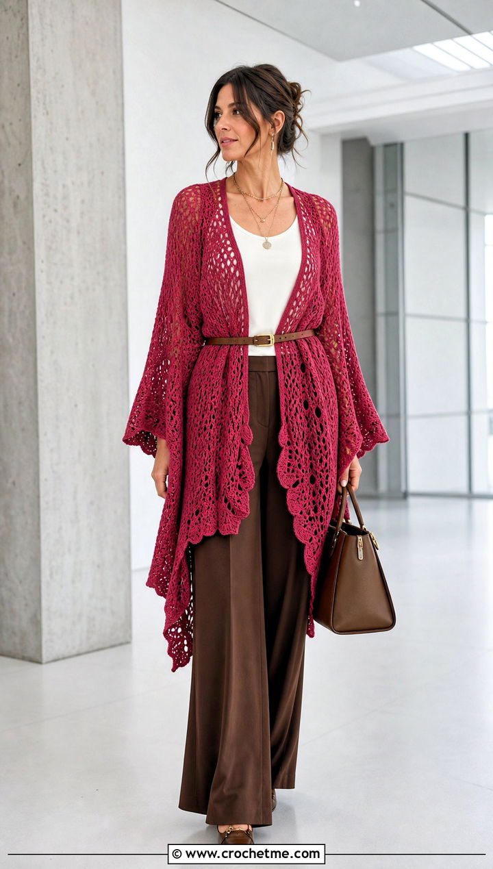 Belted Crochet Boho Poncho With Wide Leg Trousers - 30 crochet boho poncho outfit ideas