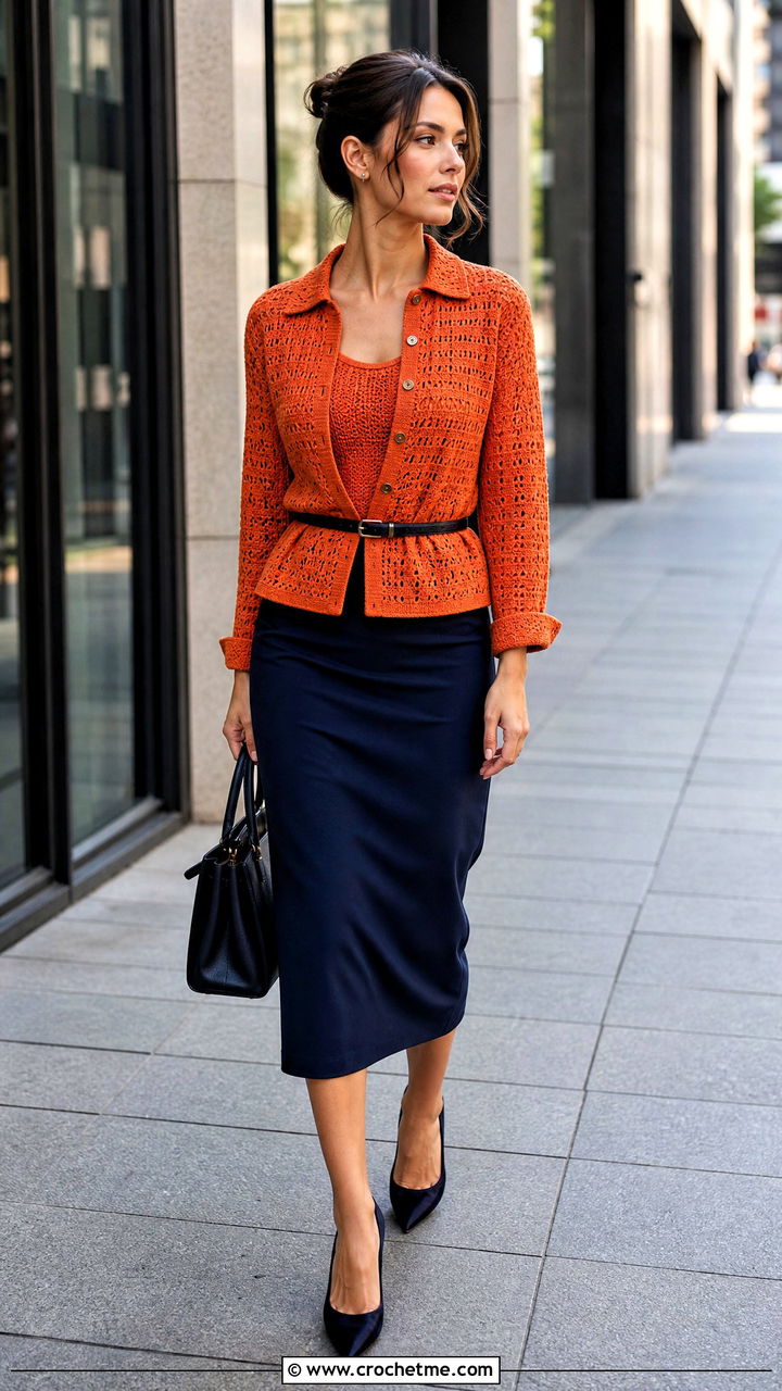 Belted Crochet Button Up Shirt With A Pencil Skirt - 35 crochet button up shirt outfit ideas