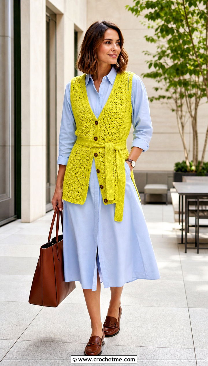 Belted Crochet Button Vest With Shirt Dress - 35 crochet button vest outfit ideas
