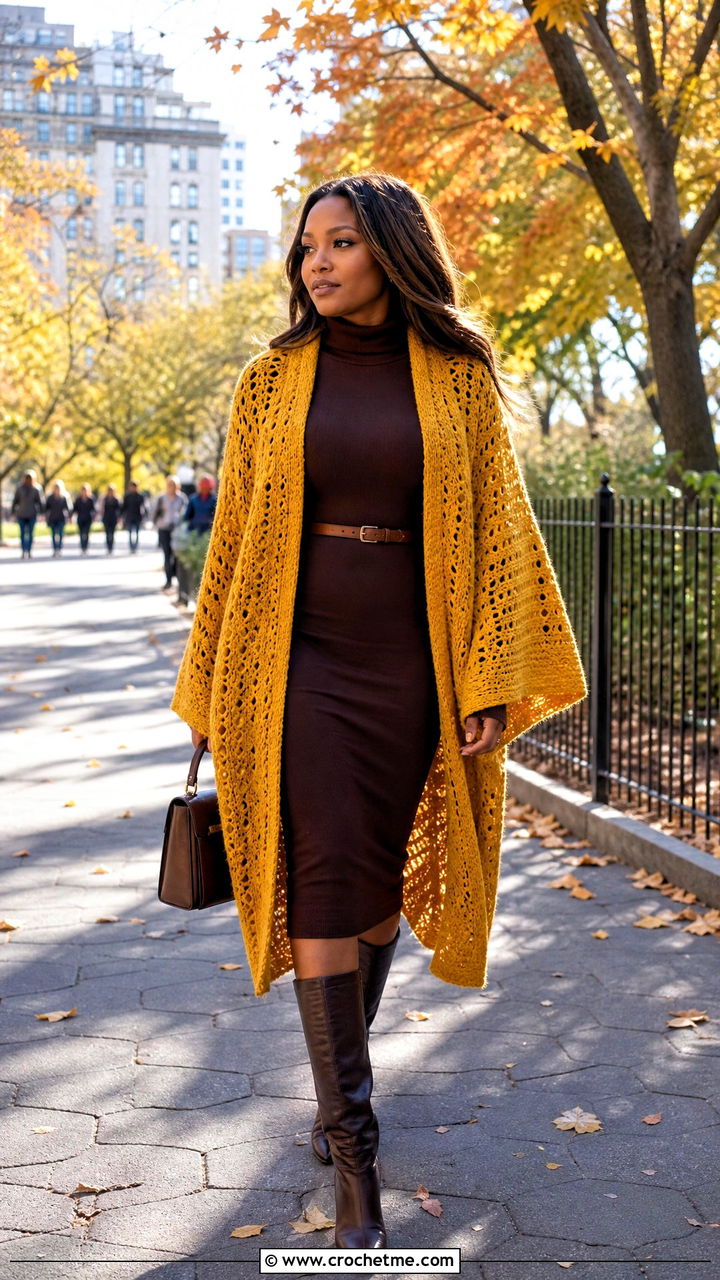 Belted Crochet Cape With A Turtleneck Dress - 35 crochet cape outfit ideas