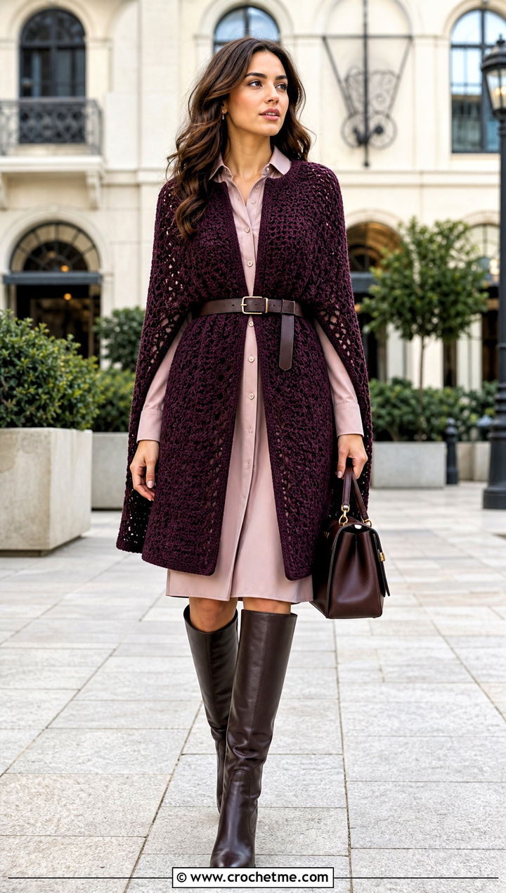 Belted Crochet Cape With Shirt Dress - 15 diy crochet cape outfit ideas
