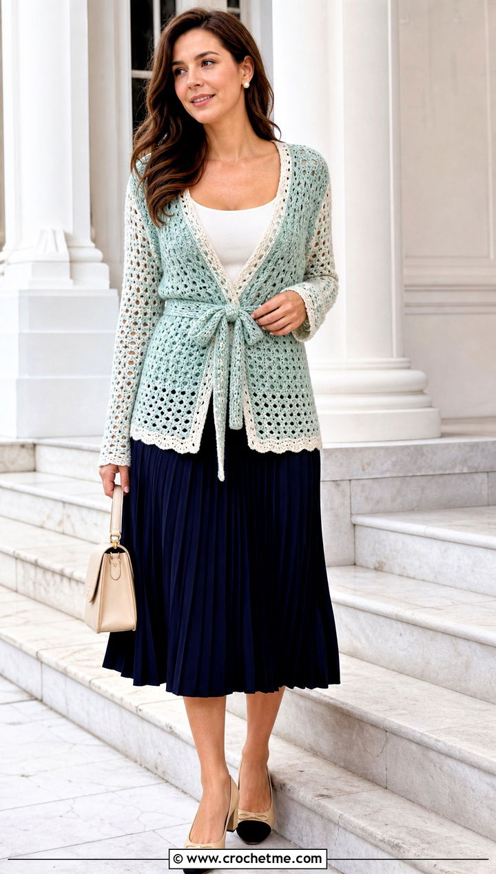 Belted Crochet Cardigan With A Pleated Midi Skirt - 25 green and white crochet cardigan outfit ideas