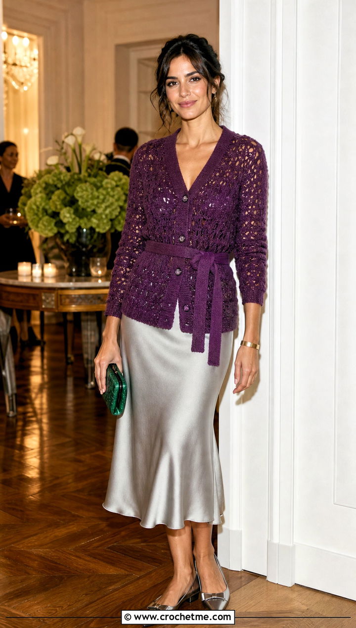 Belted Crochet Cardigan With Bias Cut Midi Skirt - 20 Miu Miu Crochet Cardigan outfit ideas