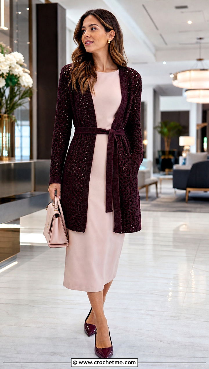 Belted Crochet Cardigan With Column Dress - 15 Crochet Womens Cardigans outfit ideas