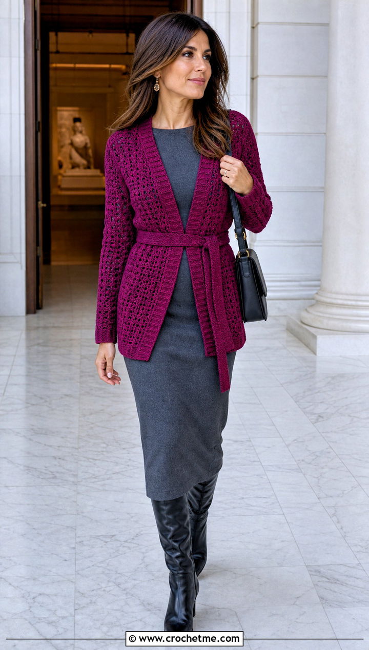 Belted Crochet Cardigan With Column Dress - 15 Fitted Crochet Cardigan outfit ideas