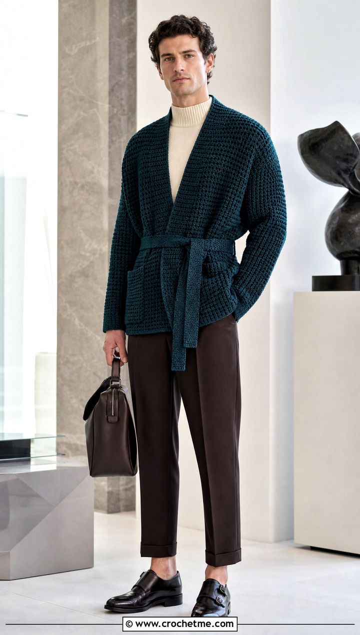 Belted Crochet Cardigan With Cropped Trousers - 35 mens crochet cardigan outfit ideas