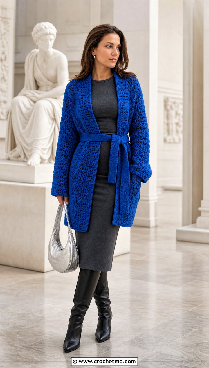Belted Crochet Cardigan With Midi Dress - 25 halloween crochet cardigan outfit ideas