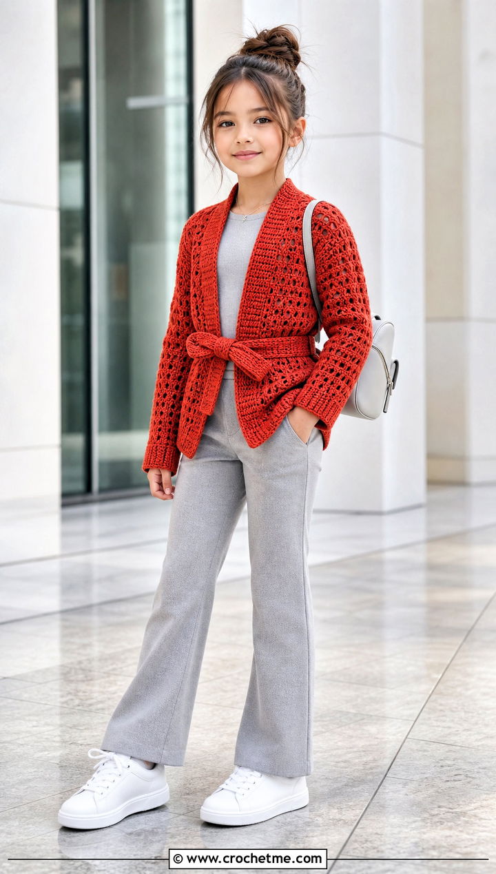 Belted Crochet Cardigan With Monochrome Basics - 25 Childs Crochet Cardigan outfit ideas