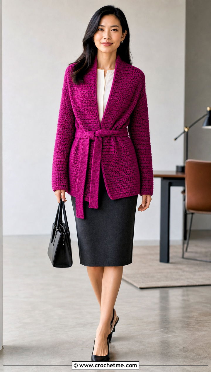 Belted Crochet Cardigan With Pencil Skirt - 25 thick crochet cardigan outfit ideas