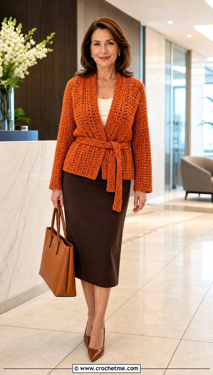 Belted Crochet Cardigan With Pencil Skirt - 25 unique crochet cardigan outfit ideas
