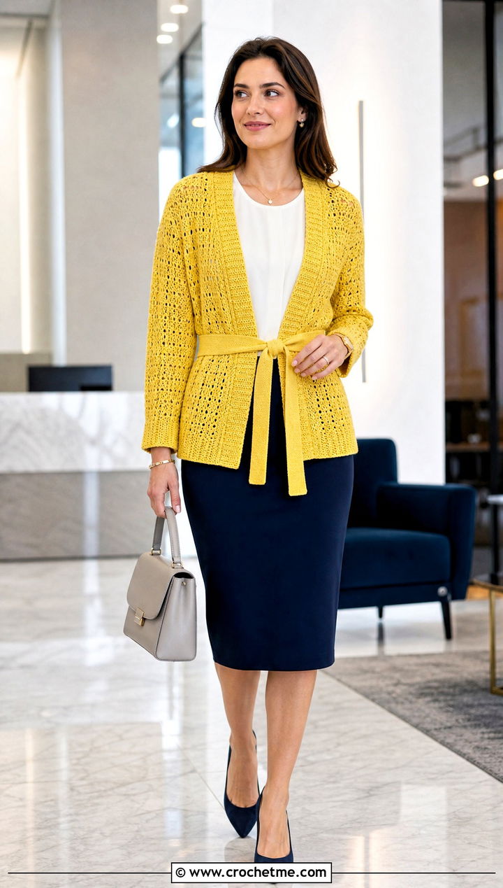 Belted Crochet Cardigan With Pencil Skirt - 20 Crochet Cardigan For Women Sweater Coats outfit ideas
