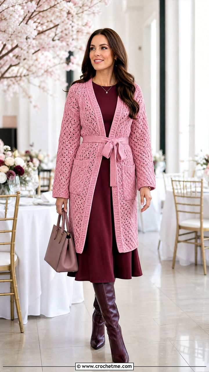 Belted Crochet Cardigan With Pockets And Midi Dress - 35 crochet cardigan with pockets outfit ideas