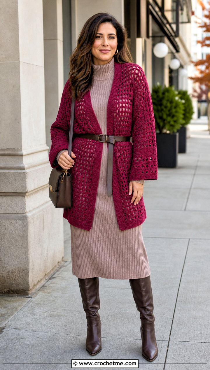 Belted Crochet Cardigan With Ribbed Knit Dress - 30 crochet for cardigans outfit ideas