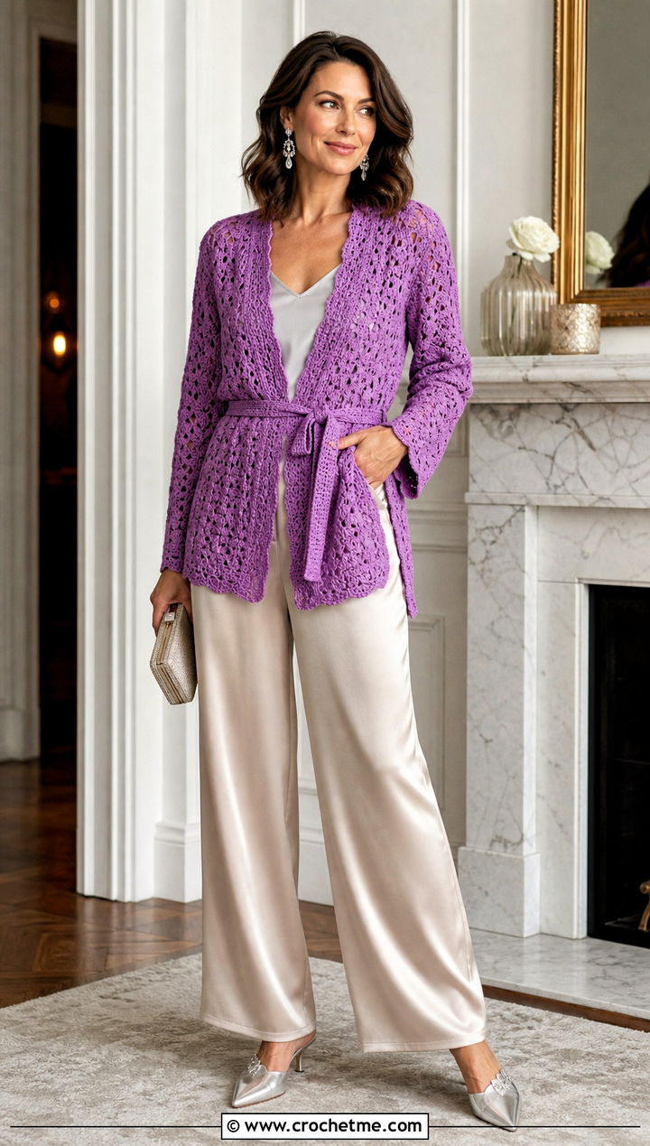 Belted Crochet Cardigan With Satin Pants - 20 Modern Crochet Cardigan outfit ideas