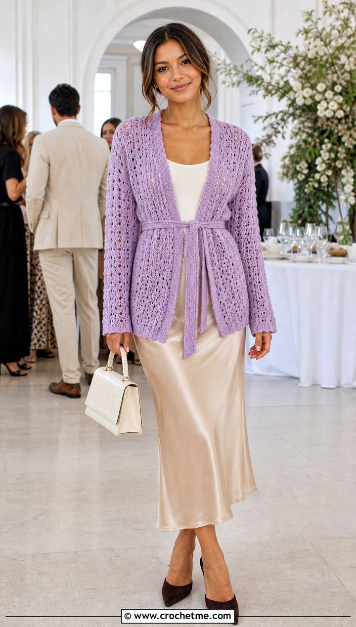 Belted Crochet Cardigan With Satin Skirt - 25 basic crochet cardigan outfit ideas