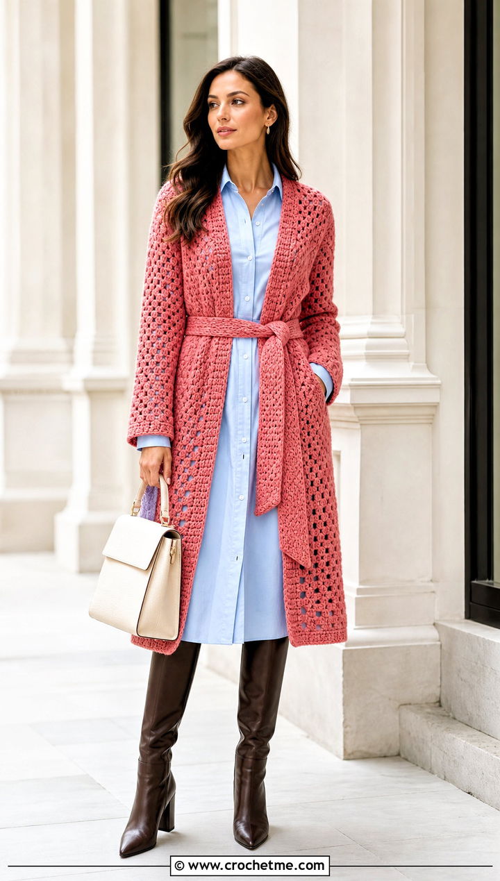 Belted Crochet Cardigan With Shirt Dress - 30 crochet spring cardigan outfit ideas