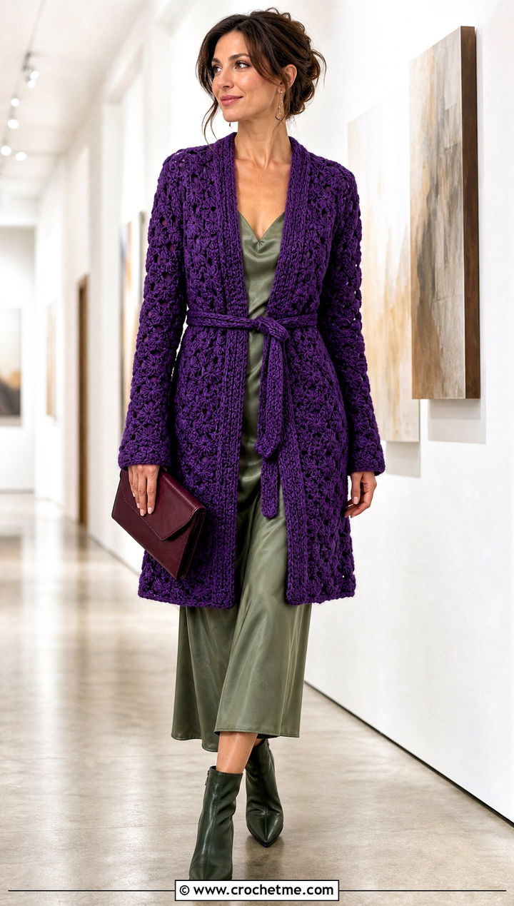 Belted Crochet Cardigan With Slip Dress - 35 fall crochet cardigan outfit ideas