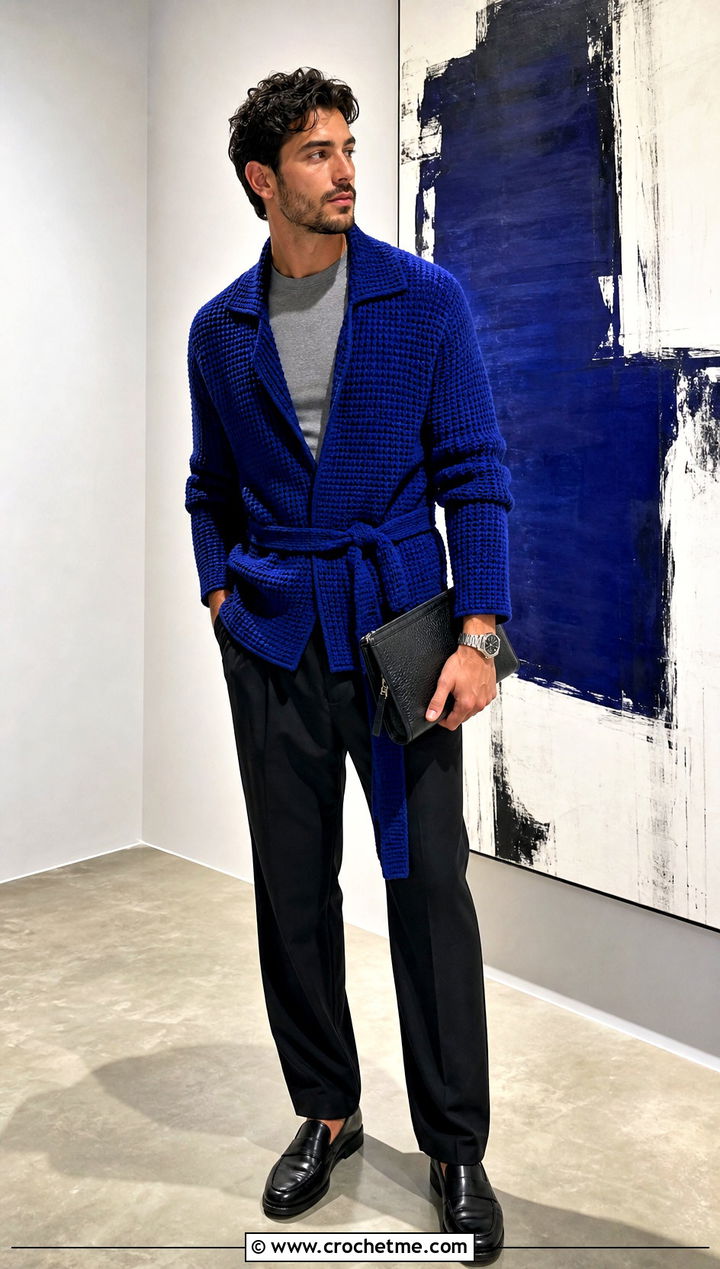 Belted Crochet Cardigan With T Shirt and Relaxed Suit Pants - 20 men's crochet cardigan outfit ideas