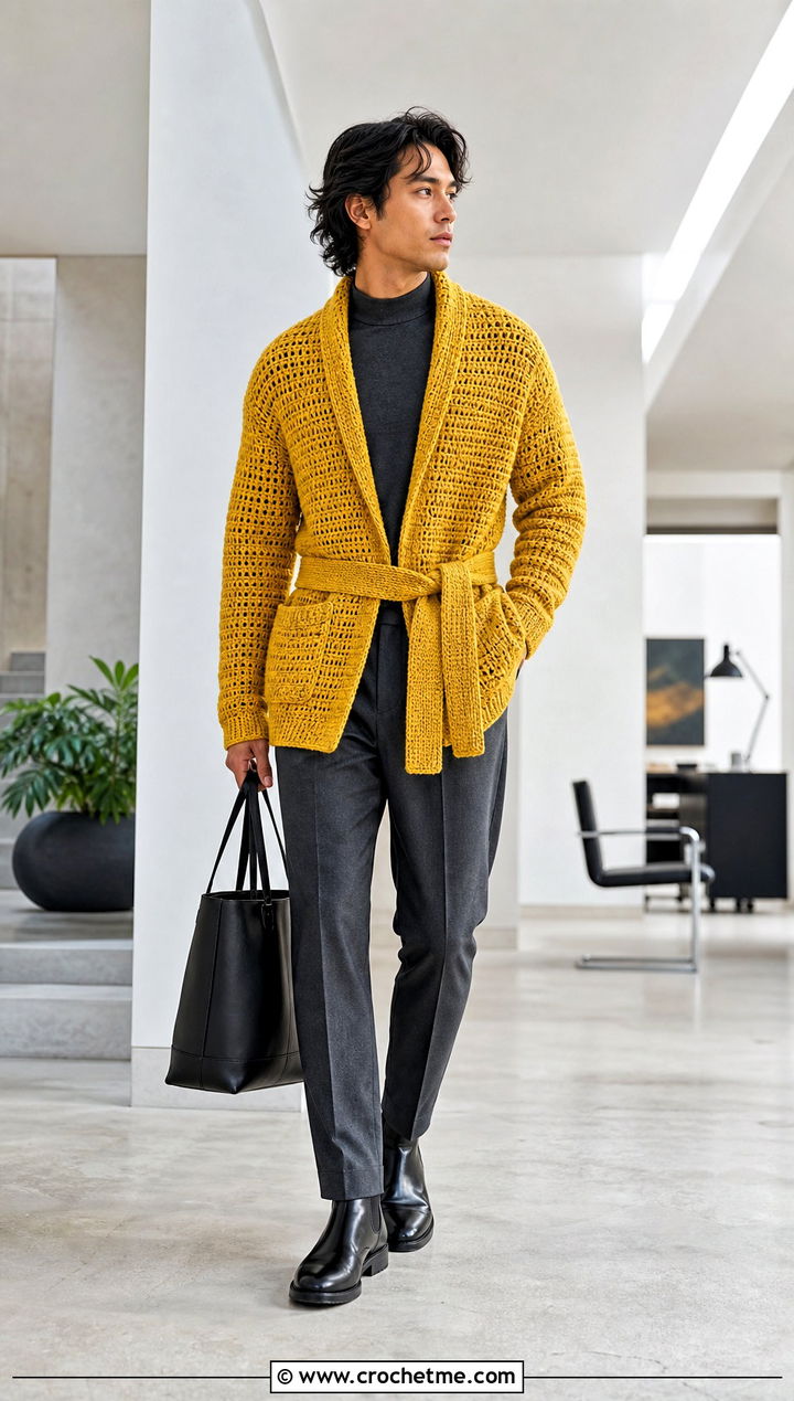 Belted Crochet Cardigan With Tapered Trousers - 30 mens crochet cardigan sweater outfit ideas