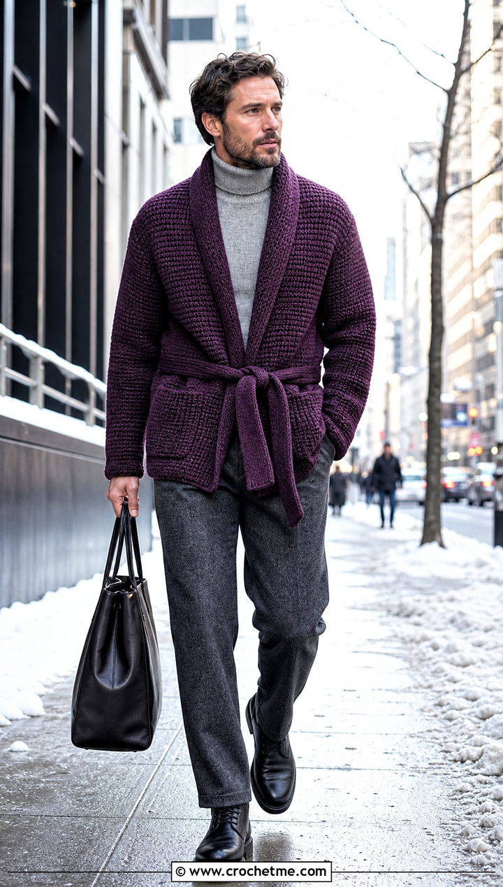 Belted Crochet Cardigan With Turtleneck And Boots - 30 crochet man cardigan outfit ideas