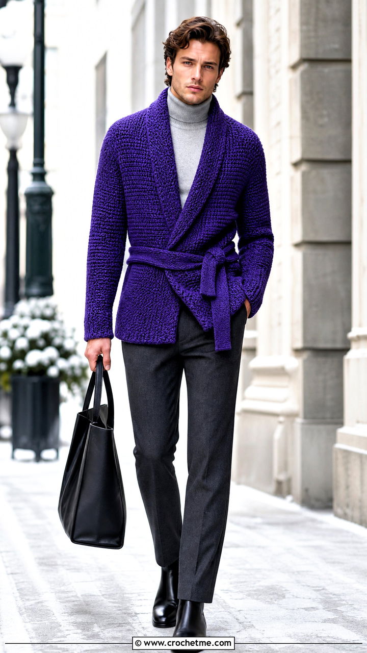Belted Crochet Cardigan With Turtleneck And Trousers - 35 crochet cardigan men outfit ideas