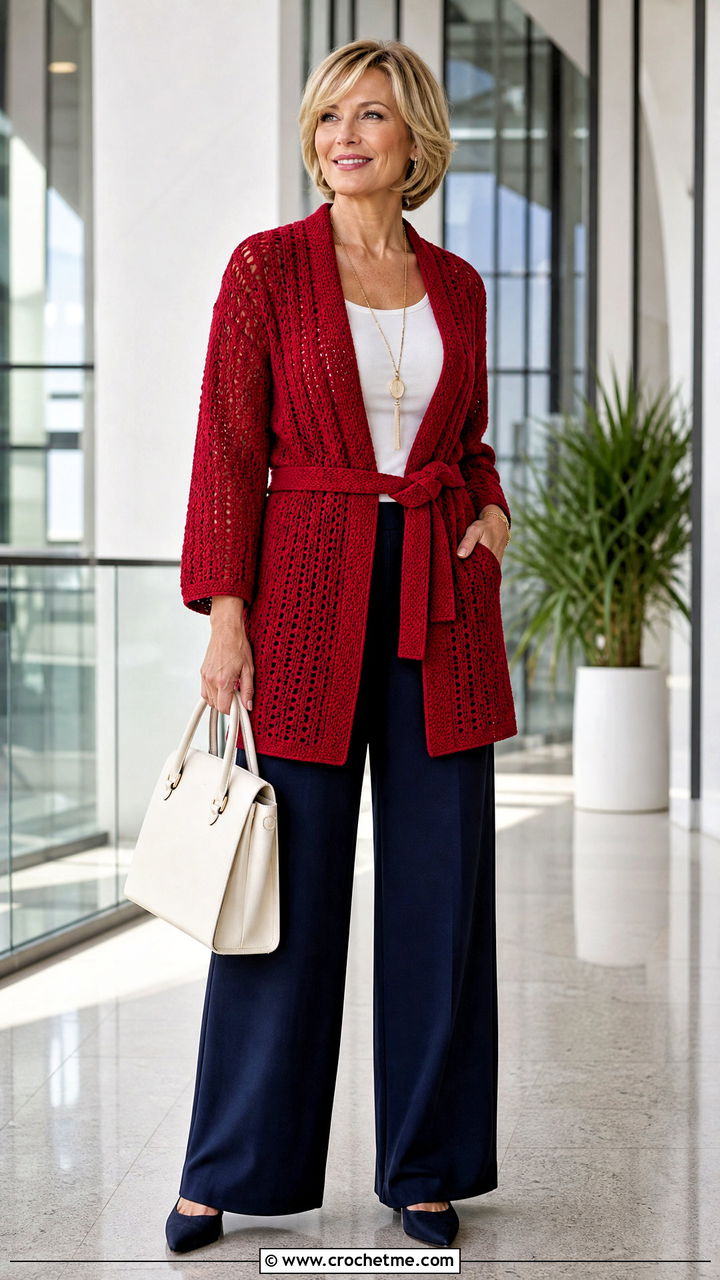 Belted Crochet Cardigan With Wide Leg Trousers - 35 crochet cardigan ideas