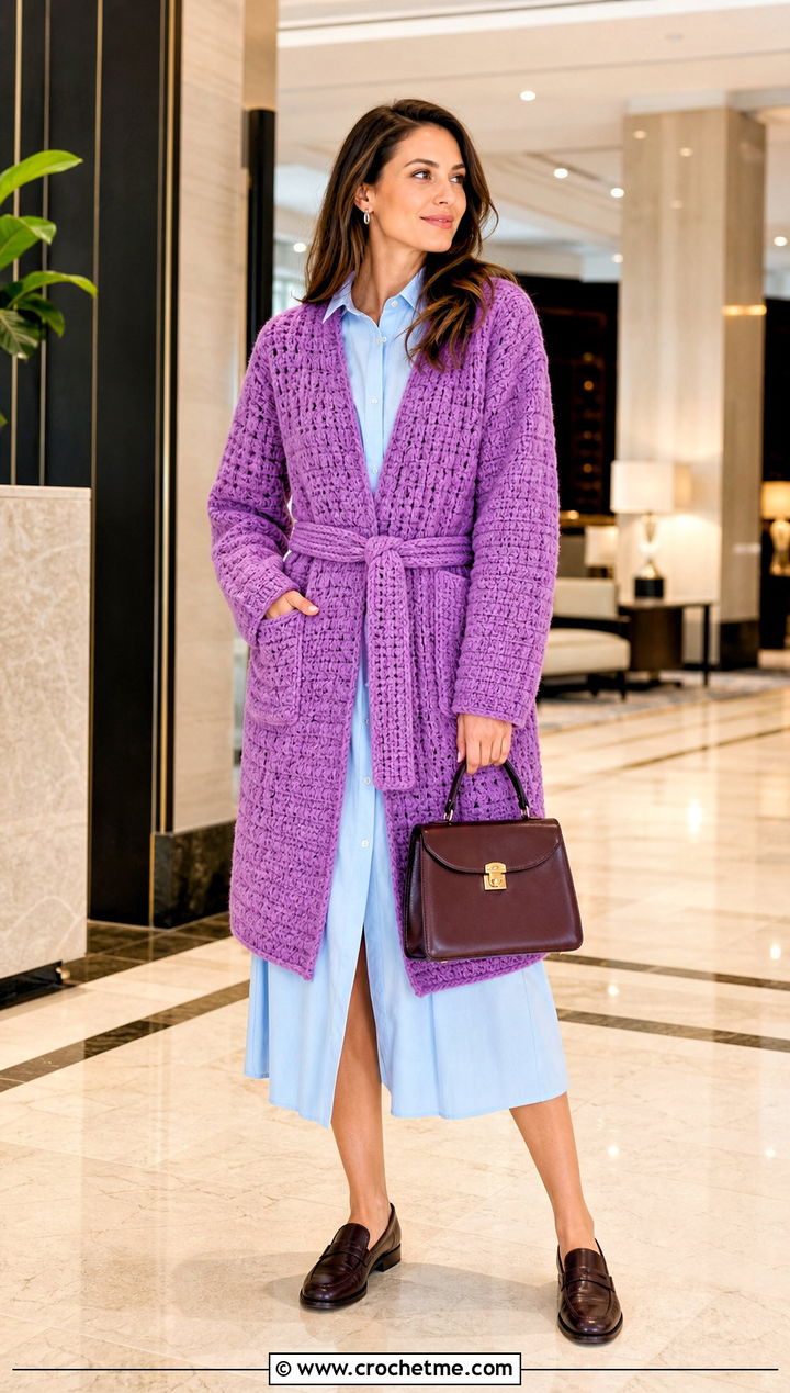 Belted Crochet Chenille Cardigan With Shirt Dress - 30 crochet chenille cardigan outfit ideas