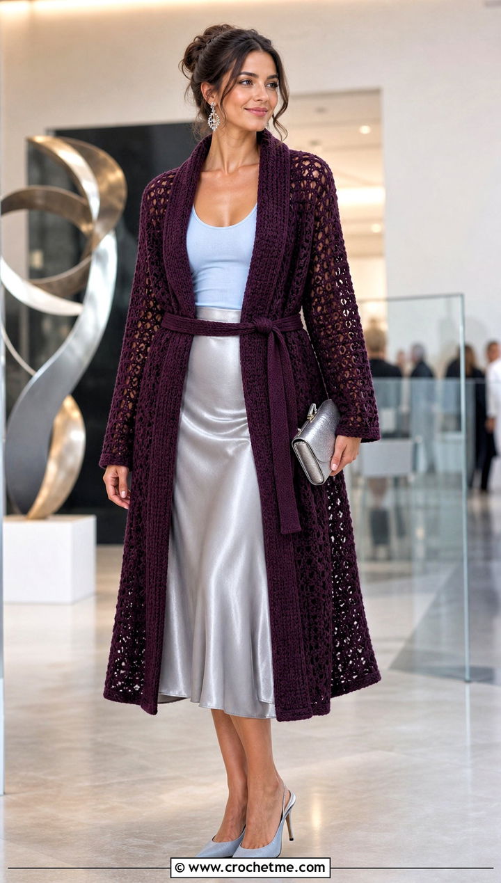 Belted Crochet Coat With A Satin Skirt - 15 beginner crochet coat outfit ideas
