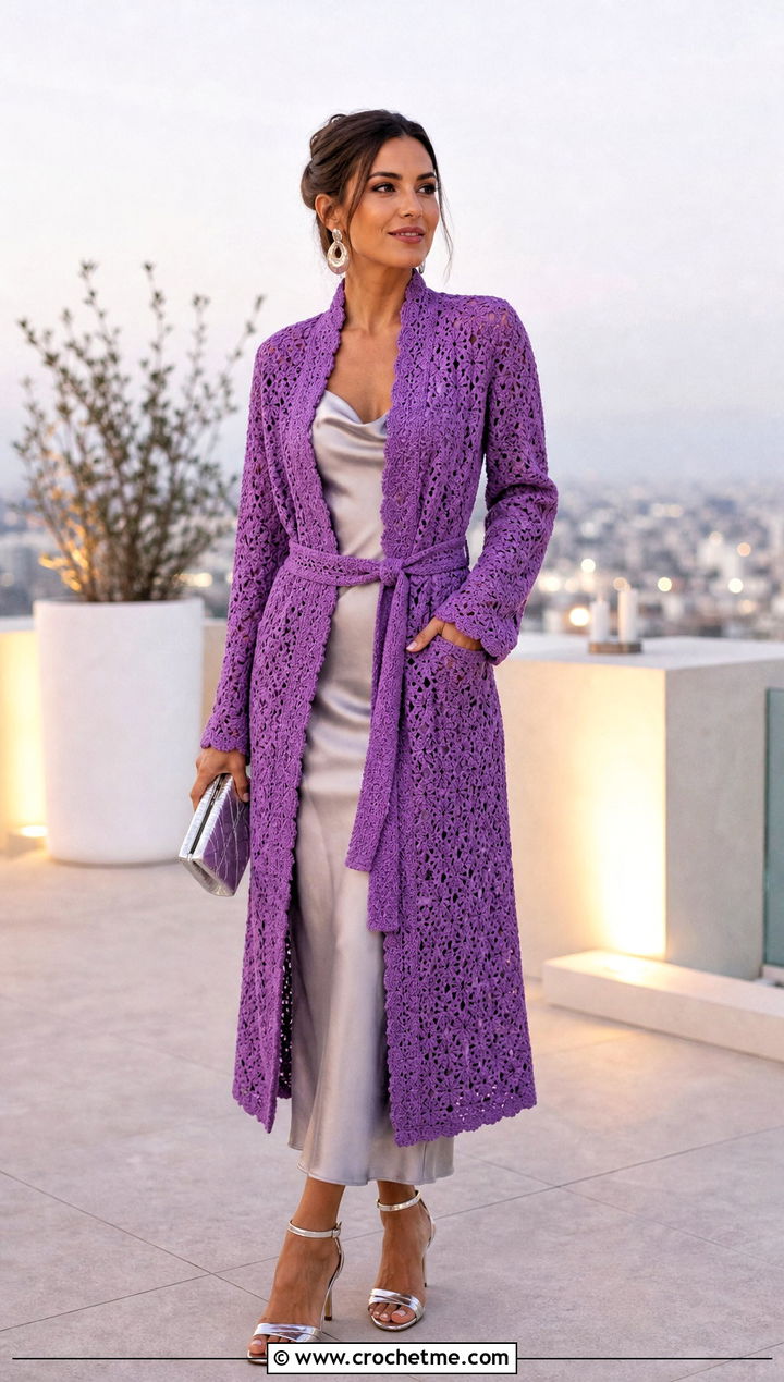 Belted Crochet Coat With A Slip Dress - 25 Crochet Coat For Women outfit ideas