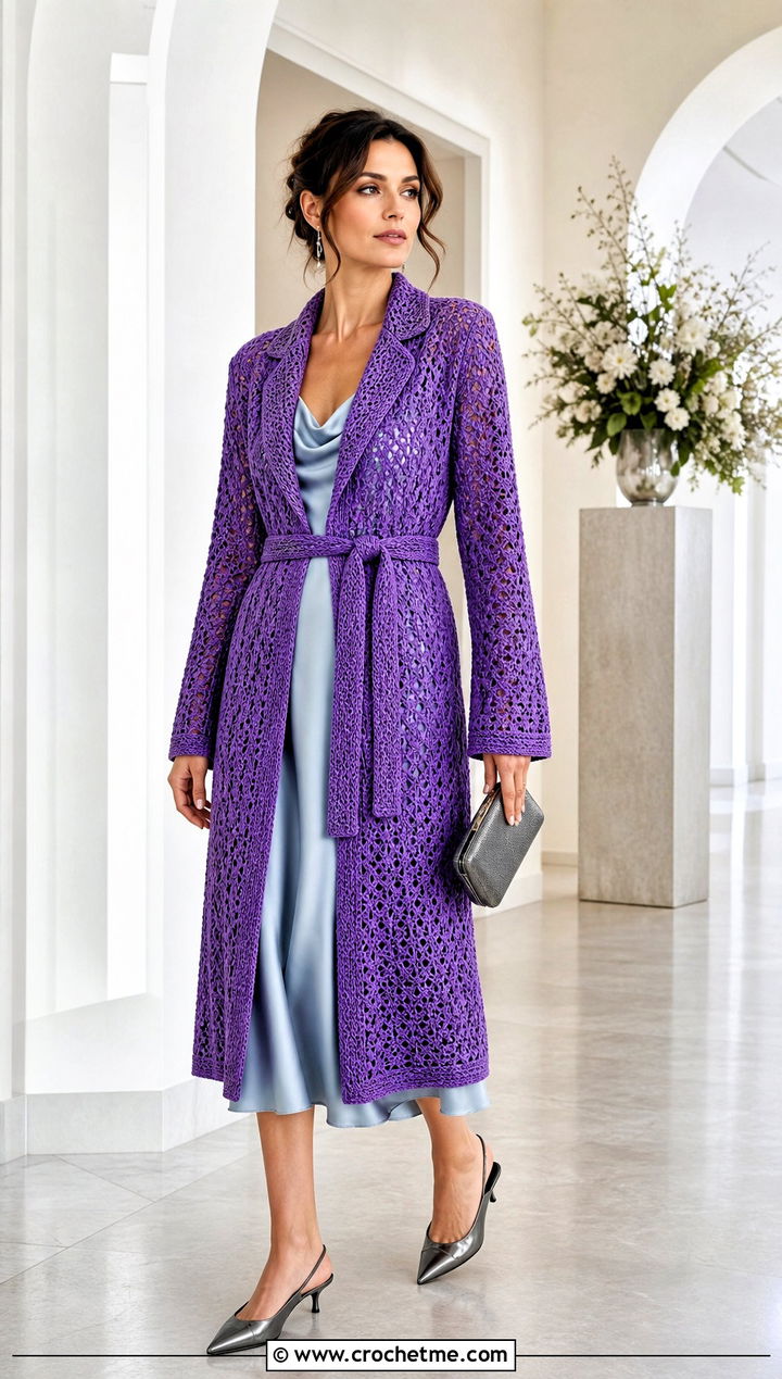 Belted Crochet Coat With Satin Midi Dress - 25 crochet coat ideas