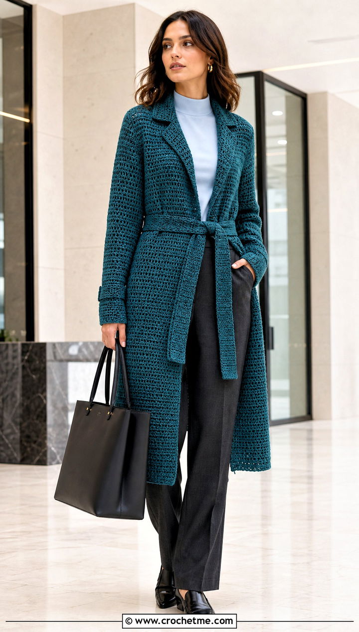 Belted Crochet Coat With Tailored Trousers - 15 crochet coat size m outfit ideas