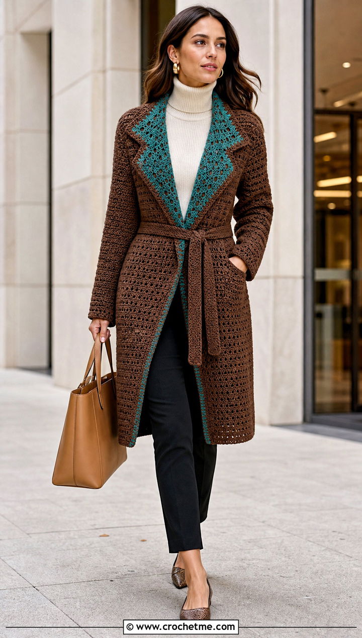 Belted Crochet Coatigan With Ankle Pants - 15 neutral tone crochet cardigan outfit ideas