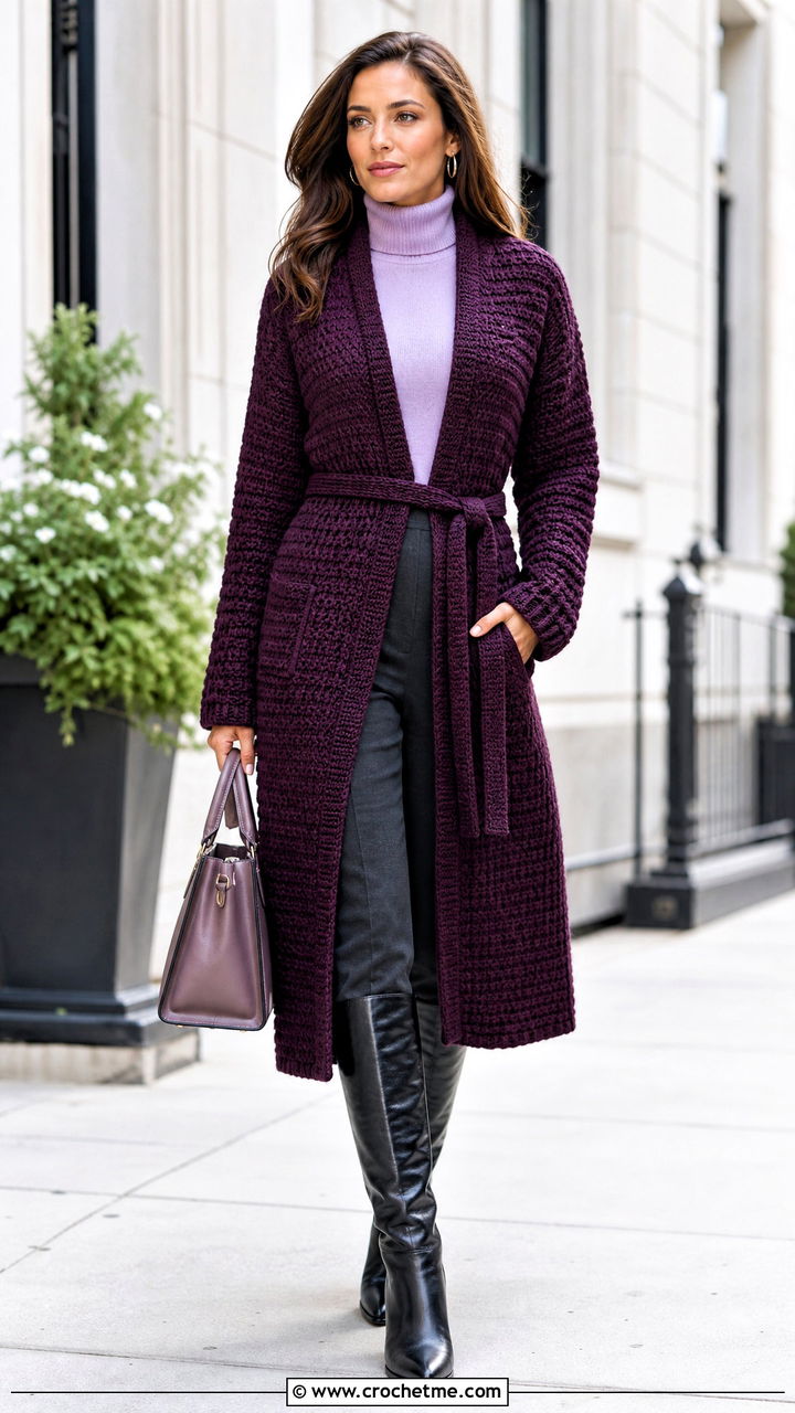 Belted Crochet Coatigan With Knee High Boots - 35 crochet cardigans outfit ideas