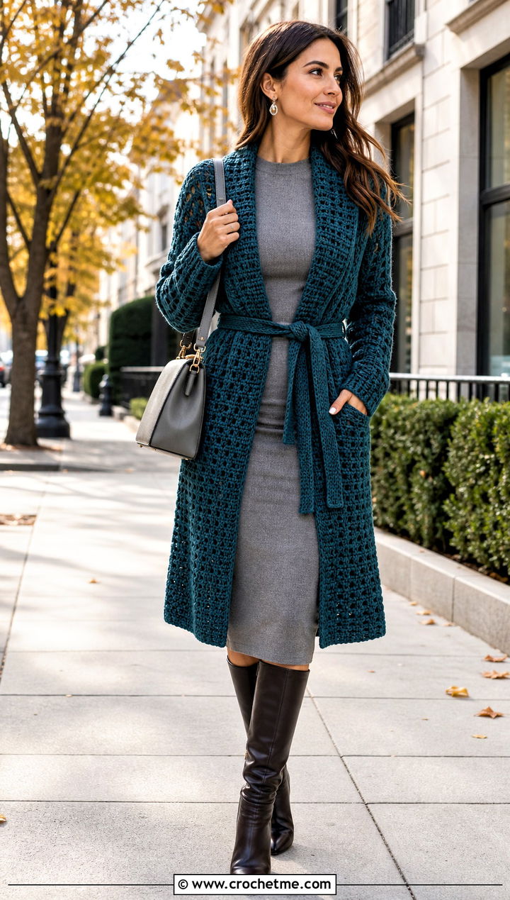 Belted Crochet Coatigan With Midi Dress - 20 Crochet Fancy Cardigan outfit ideas