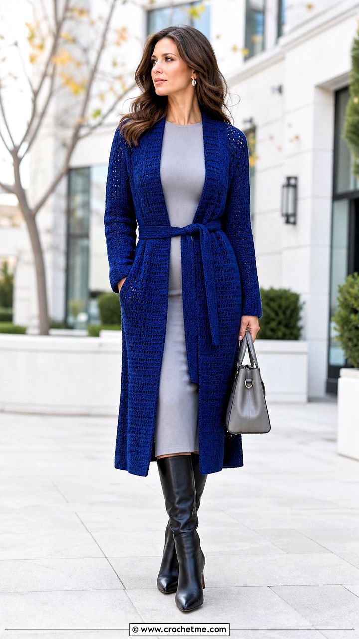 Belted Crochet Coatigan With Midi Dress - 35 oversized crochet cardigan outfit ideas