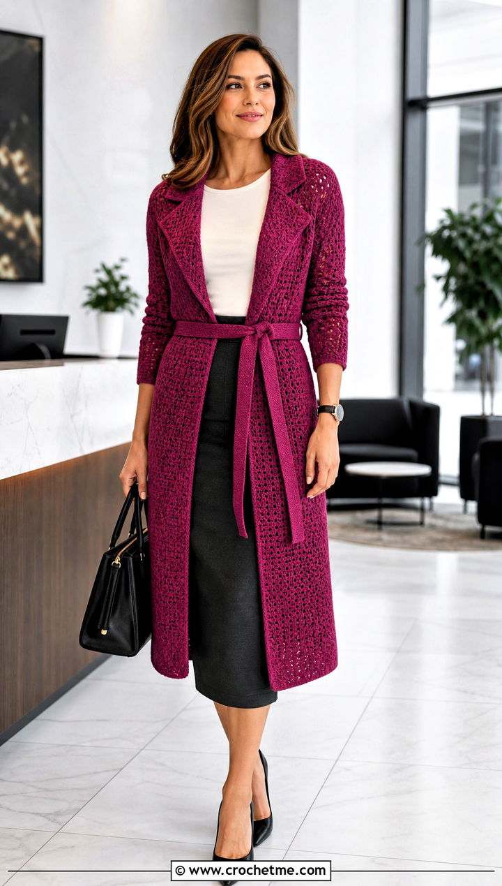 Belted Crochet Coatigan With Pencil Skirt - 35 crochet long sweater outfit ideas