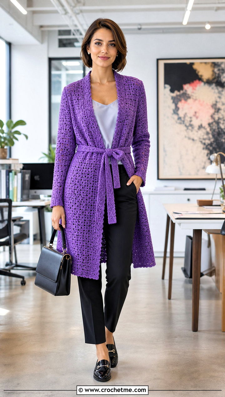 Belted Crochet Coatigan With Tailored Pants - 25 long crochet sweater outfit ideas